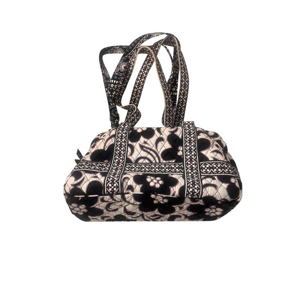Vera Bradley Black White Floral Quilted‎ Cotton Shoulder Bag Handbag Zipper